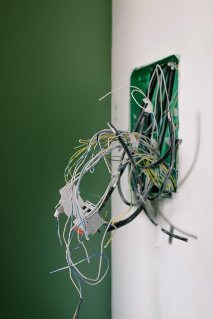 pexels-photo-5691642 Opened power socket with various wires on white wall during repair at home